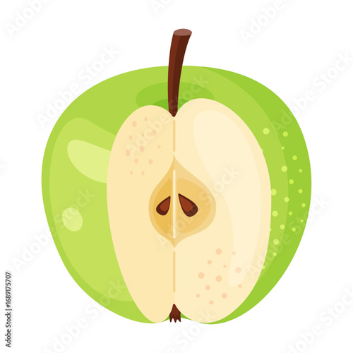 Fresh green sliced apple, ripe garden fruit. Cut apple Hand drawn food clipart, flat style, isolated on transparent background. for food blogs, recipe books, packaging, diet guides Vector illustration