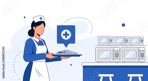 Stylized illustration of nurse delivering meal near microwave station in hospital
