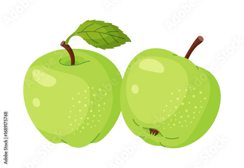 Fresh green apples with leaf, fresh garden fruit. Hand drawn food clipart. Whole fruit with green leaf, Flat style isolated on transparent background. Vector illustration