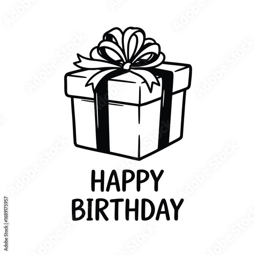 A simple black and white illustration of a gift box with a bow and the words "HAPPY BIRTHDAY" below it.