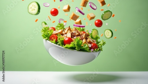 Chicken Salad with Levitating Composition, with Croutons, on Green Background, Culinary Artistry
