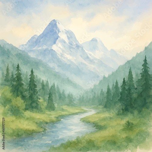 A beautiful mountain landscape in watercolor style, snow-capped peaks, flowing river, pine trees in the valley, calm and peaceful mood, hand-painted in water coor style 