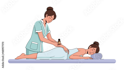 A skilled therapist applies oil to a woman s back during a relaxing massage session on a spa table
