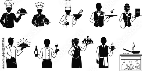 Professional chefs and waitstaff silhouettes serving food and drinks, cooking, restaurant service icons, hospitality industry symbols, culinary team illustrations