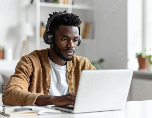 Focused young African American man in headphones working on a laptop computer at home, engaged in online learning or remote work