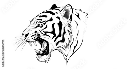 artwork of a majestic black and white Bengal tiger head, perfect for shirt printing and graphic arts, with a white isolated background

