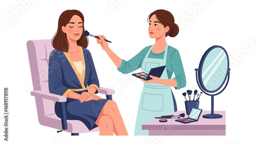 Professional makeup artist applying cosmetics to a client in a salon setting with tools and mirror
