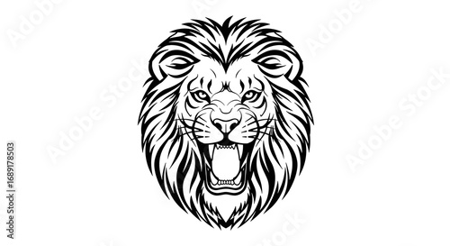 black and white lion head design roaring with white background used for shirt print and graphic design
