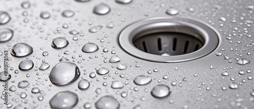 Water Droplets on a Stainless Steel Sink Drain, Close-up Detail