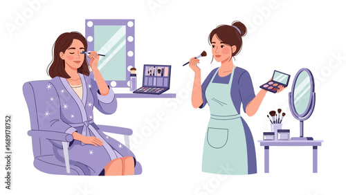 Two women applying makeup in a well lit beauty studio with mirrors and professional tools