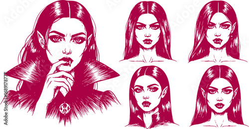 Set of Vampire Lady Portrait Sketches, sexy Vampire, Gothic Woman Hand-Drawn Vector Illustrations and Halloween Character Drawings