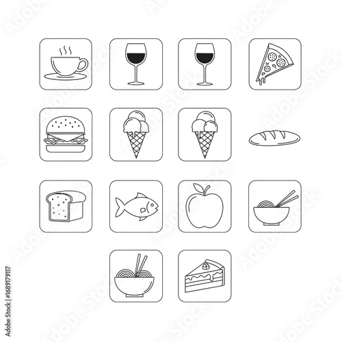 Delightful monochrome food icons ready for your next project, a charming assortment of culinary delights in simple lines perfect for menus, recipe books, and gastronomic designs, from coffee to cake