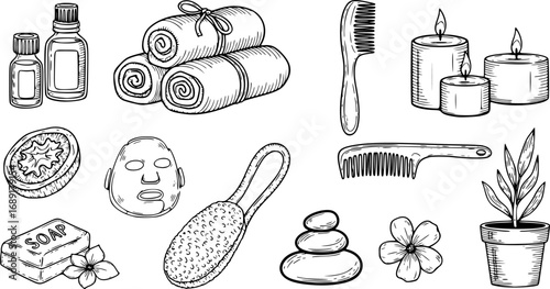 Selfcare Background with Wellness and Spa Seamless Pattern, Hand-Drawn Vector Illustration for Beauty Salon Vintage Border Design