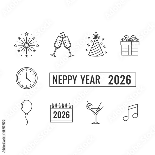Celebrate New Year 2026 with Party Icons, Champagne Cheers, and Festive Decorations, Perfect for Holiday Greetings and Festive Promotions, Originally a Scalable Graphic
