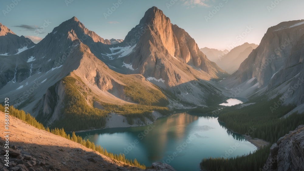 Obraz premium Scenic mountain landscape with peaks, a lake, and forest, showcasing natural beauty.