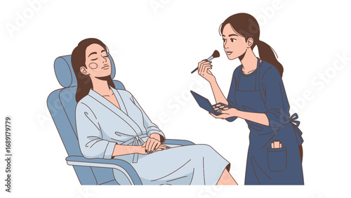 Skilled makeup artist meticulously applies cosmetic products to a relaxed client in a comfortable salon chair