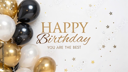 Festive birthday celebration with black, gold, and white balloons, complemented by scattered gold stars, isolated on white background perfect for birthday greetings and party invitations