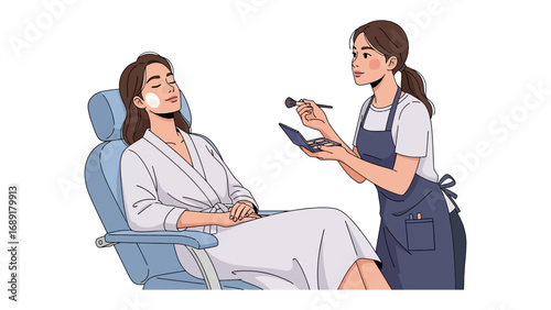Professional makeup artist applying cosmetics to a relaxed client sitting in a comfortable chair