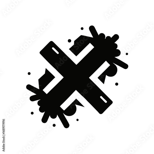 Stylized black x mark with splatters isolated on transparent background
