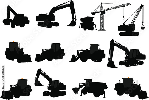Excavator, bulldozer, dump truck, crane, loader, tractor, construction machinery silhouettes, heavy equipment, industrial vehicles, earthmoving tools, black vector icons