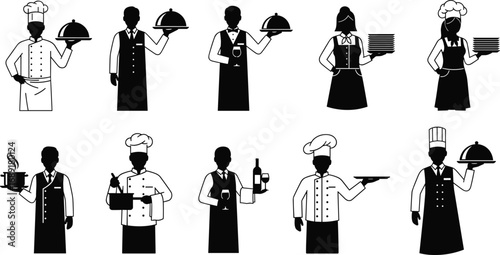 Restaurant staff icons, chefs, waiters, cooks, serving food, wine glass, kitchen service, hospitality, restaurant industry, food service, waiter uniforms, professional cooks, cooking staff