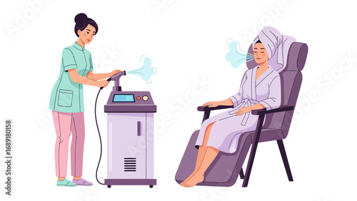 Nurse administering oxygen therapy to elderly patient in comfortable chair with medical equipment