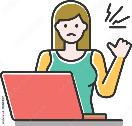 woman stressed at laptop with virus in thought bubble – line art illustration of technical issue, malware worry, or cybersecurity problem