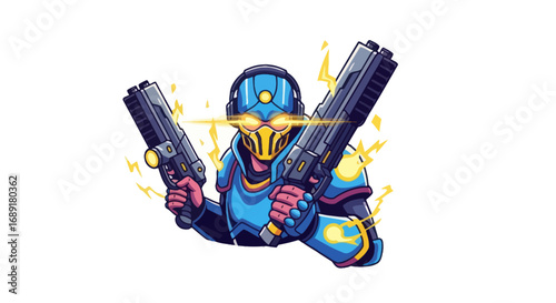 Futuristic Cyberpunk Soldier Holding Dual Blasters with Glowing Eyes.