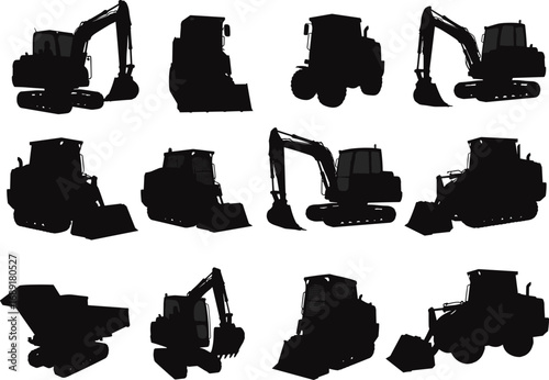 Excavator, bulldozer, dump truck, crawler loader, construction machinery silhouettes, heavy equipment, industrial vehicles, earthmoving tools, black vector icons, digger