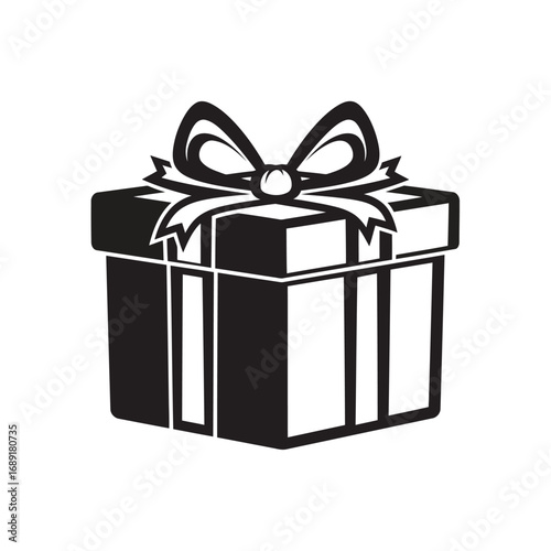 Black and white illustration of a gift box with a bow on top.
