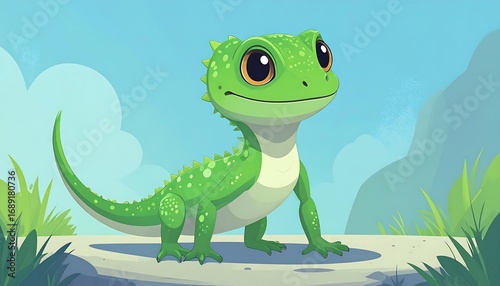 Cute lizard illustration, light green, cartoon style, outdoors