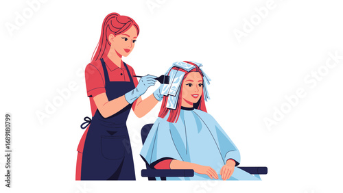Skilled hairstylist applies hair color highlights to a client sitting in a salon chair