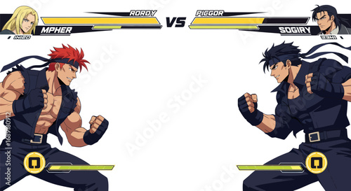 Two anime male fighters in a competitive fighting game stance.