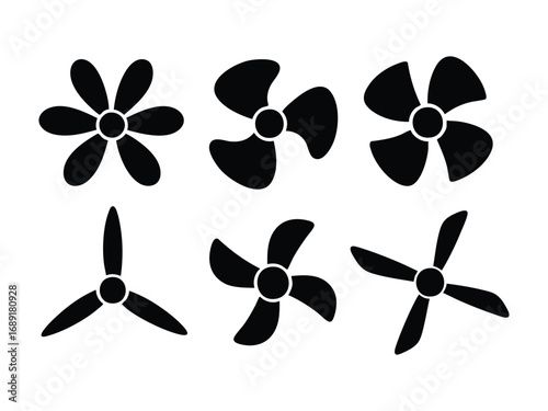 Fan and Propeller Silhouette Set – 6 Blade Design Variations for Engineering, Ventilation, and Aerodynamics Projects