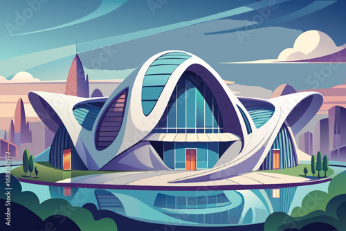 Illustration depicting a modern and futuristic building with a creative architectural style, situated in a serene landscape with water reflections and a vibrant city background.