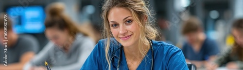 Smiling young woman in blue scrubs with a stethoscope, studying with other students