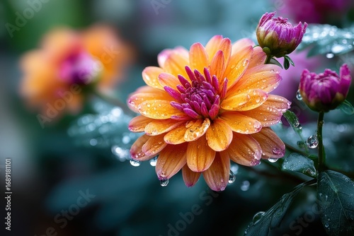 Orange and Purple Dahlia Flower with Water Droplets