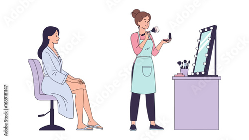 Professional makeup artist applying cosmetics to a client in a salon setting with a vanity and mirror