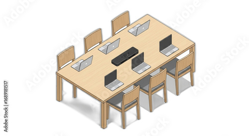 Isometric conference table with laptops and chairs