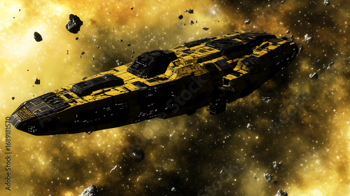 Fototapeta Naklejka Na Ścianę i Meble -  A sleek, battle-worn spacecraft navigates through a starry, debris-filled space environment.