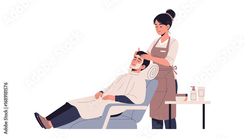 Skilled barber with apron carefully cuts client s hair in a relaxing salon chair