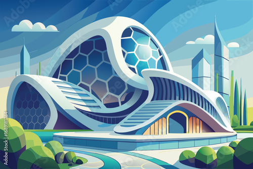 A visually stunning, futuristic architectural masterpiece, showcasing innovative design, eco-friendly landscaping, and a futuristic skyline, capturing modern innovation and creativity.