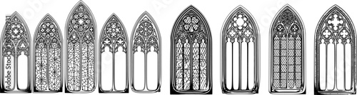 Set of Gothic Arched Window Sketches, Medieval Church Architecture Elements and Hand-Drawn Halloween Decor