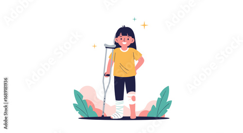 Young girl with broken leg and crutches recovering from injury standing proudly amidst nature elements