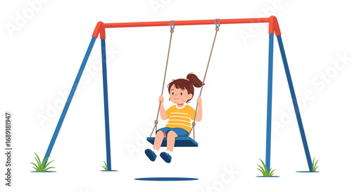 A happy young child with dark hair and a ponytail enjoys swinging on a bright blue swing set in a park on a sunny day