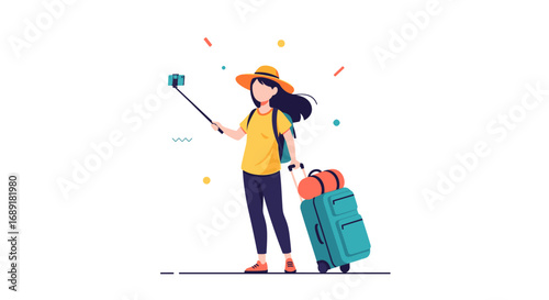Young woman with backpack and suitcase taking a selfie with a monopod during a trip