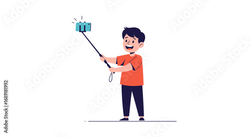 Young boy happily taking a selfie with a selfie stick and a camera in a bright and simple illustration style