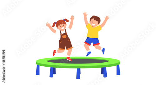 Excited children jumping joyfully on a bright green trampoline outdoors on a sunny day having a lot of fun