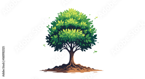 Vibrant green deciduous tree growing from fertile soil with visible roots and leaves rustling gently