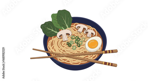Delicious japanese ramen noodle soup dish with toppings and chopsticks